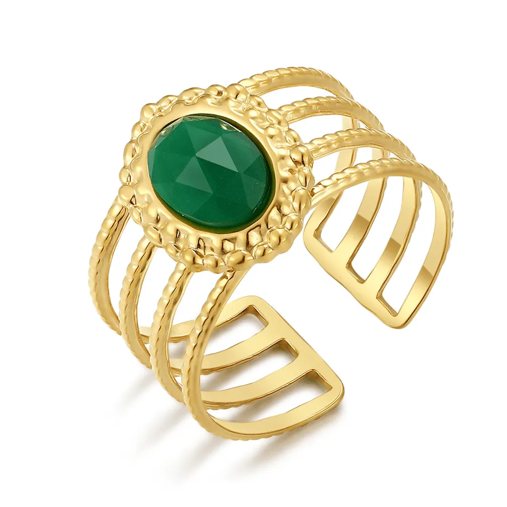 Ring in edelstaal, groene steen