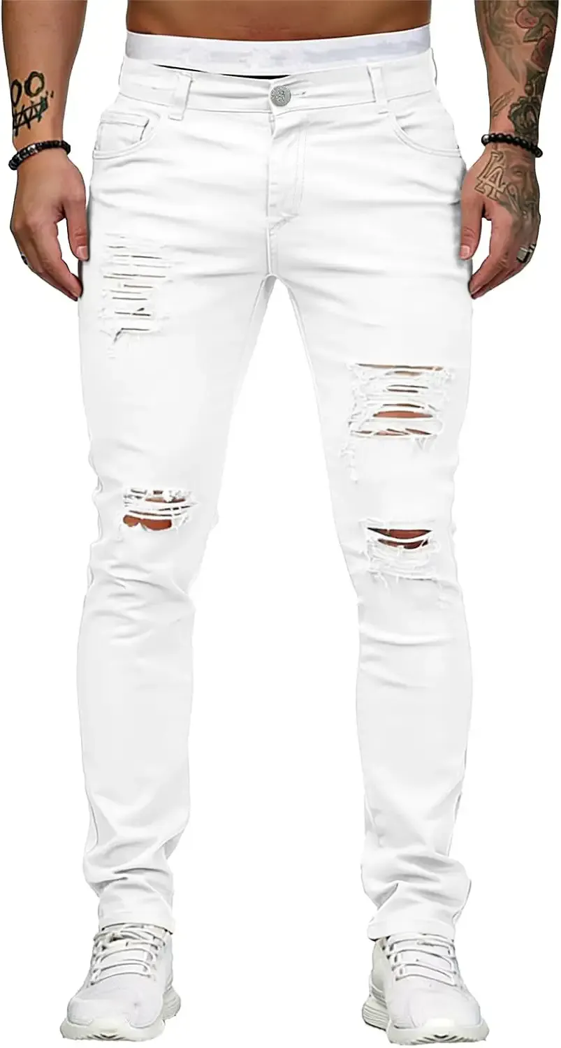 HUNGSON Men's Blue Slim Fit Jeans Stretch Destroyed Ripped Skinny Jeans Side Striped Denim Pants