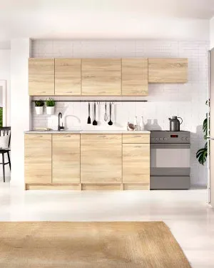 Cocina modular kirsten y 240cm ancho natural y beige y madera para hogar moderno mueble de almacenaje - Homekit