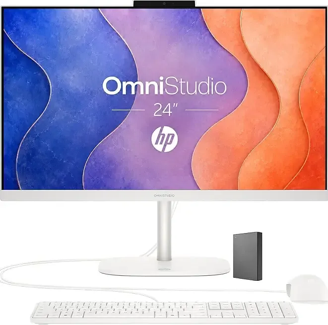 HP 24“ OmniStudio All-in-One Desktop Computer, 16GB DDR5 RAM, 640GB Storage | 512GB External and 128GB SSD, Intel Quad-Cores , WiFi6, Keyboard & Mouse, Windows 11, Built for home. Ready for everyone.