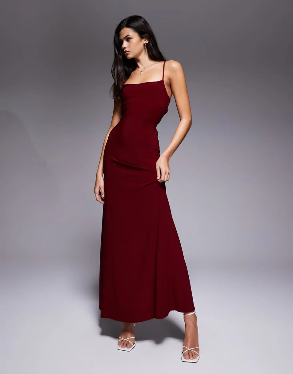 ASOS DESIGN lace up back maxi slip dress in burgundy