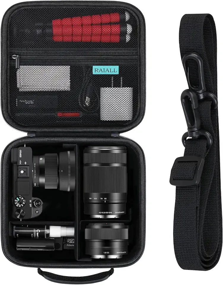 RAIALL Camera Case for Sony Alpha a6000/a6100/a6400/a6700/ Sony Alpha 7 II III IV/7R V Mirrorless Digital Camera and Lens, Vlogging Camera Hard Travel Bag with a Shoulder Strap and 3 Dividers, Black