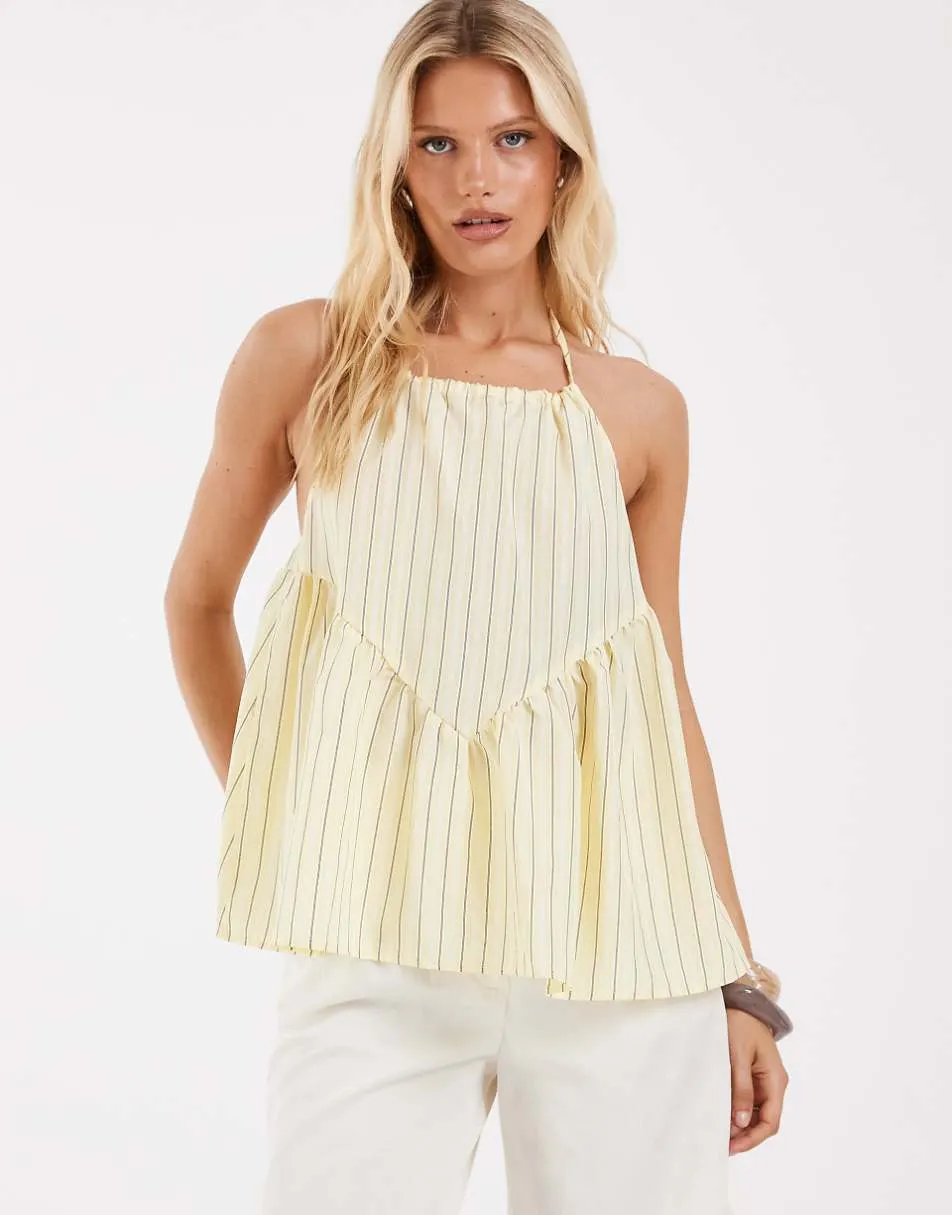 Object poplin halterneck peplum hem top in pale yellow stripe print