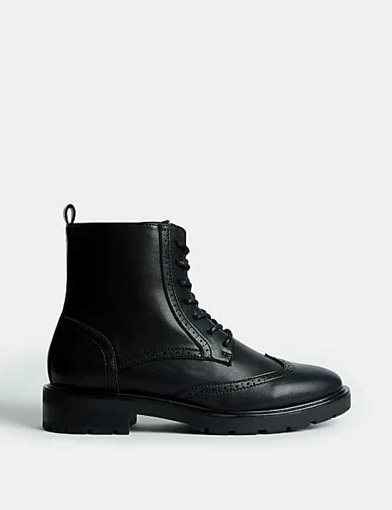 Brogue Detail Lace Up Flat Ankle Boots