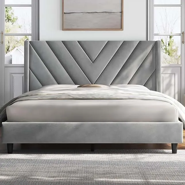 Yaheetech Queen Bed Frame Upholstered Platform Bed with Wing Side/Wooden Slat Support/Tufted Headboard with Wing Side/Mattress Foundation/No Box Spring Needed,Light Gray Queen Bed