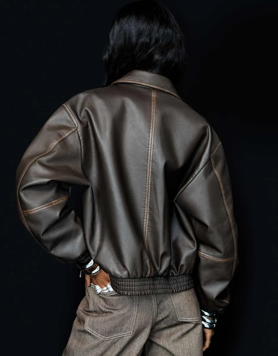 Bershka faux leather oversized jacket in brown