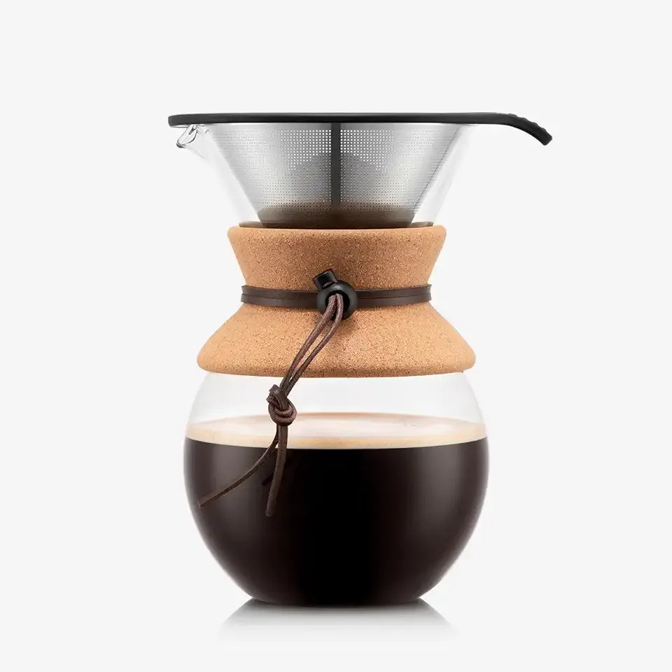 Bodum 34oz Pour Over Coffee Maker, High-Heat Borosilicate Glass with Reusable Stainless Steel Filter and Cork Grip - Made in Portugal
