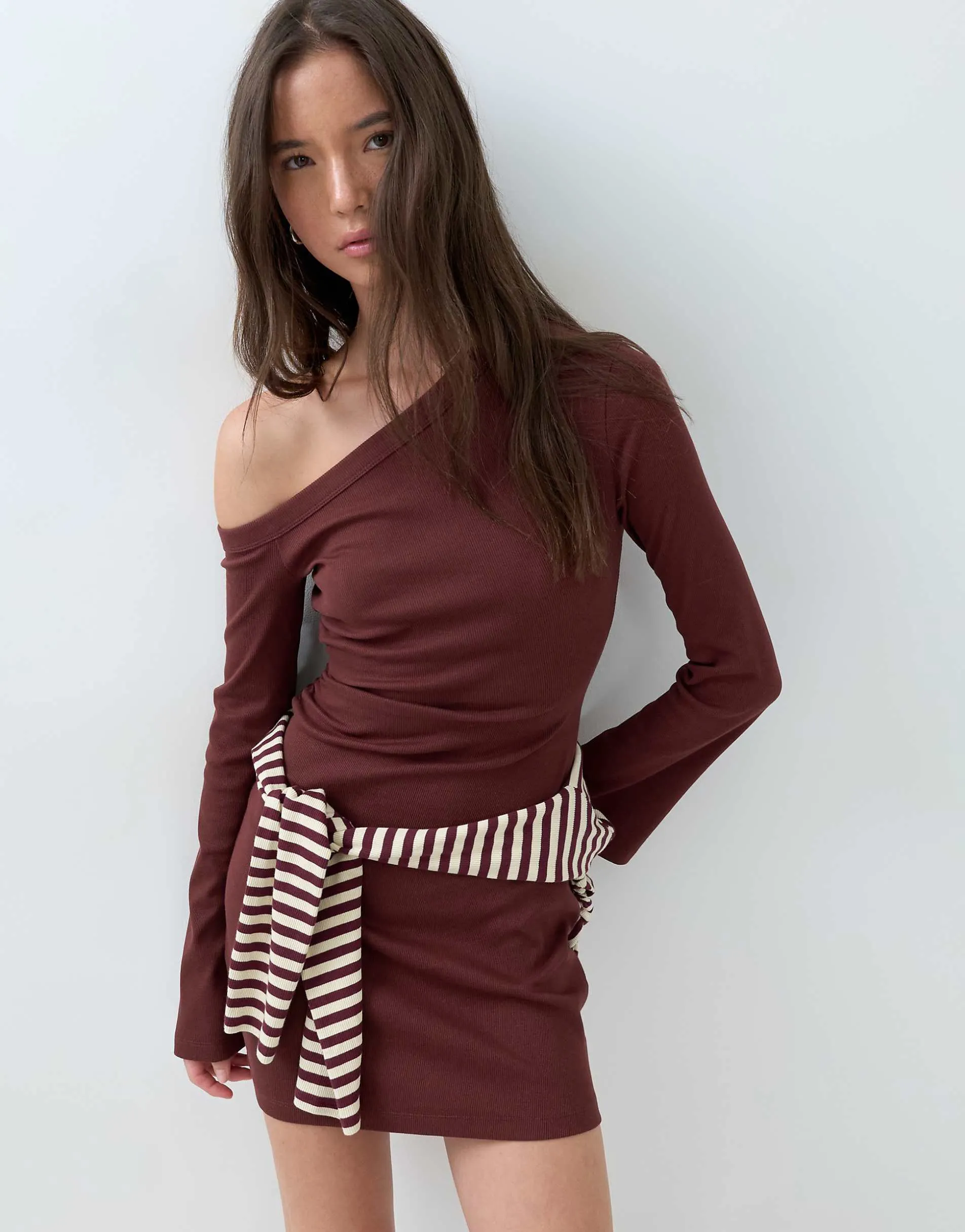 ASOS DESIGN cotton asym rib mini dress in chocolate