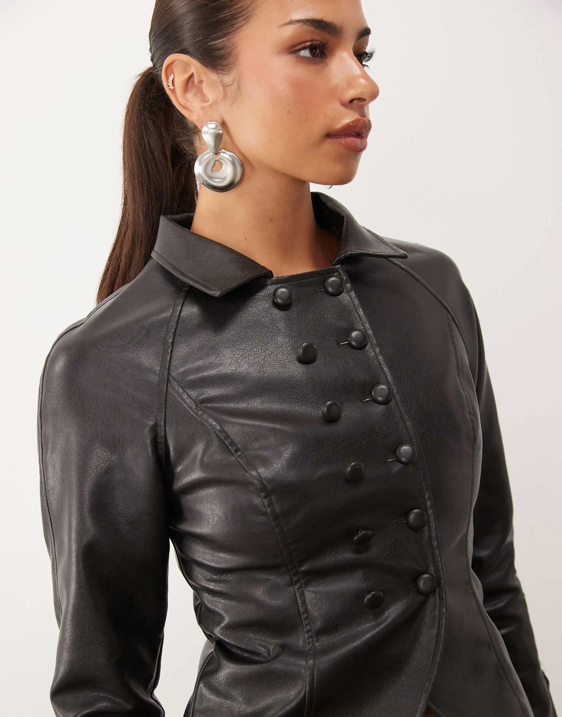 Lioness Form faux leather Napoleon button detail jacket co-ord in black