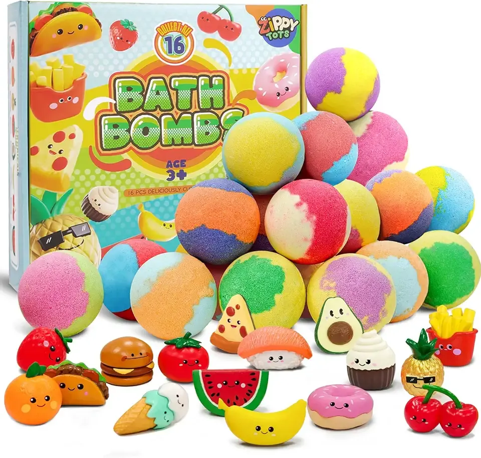 Kids Bath Bombs with Food Toys Inside, 16 Pack Colorful Surprise Bath Fizzies Set, Organic Fizzy Bubble Bath Bombs for Girls & Boys, Ages 3+