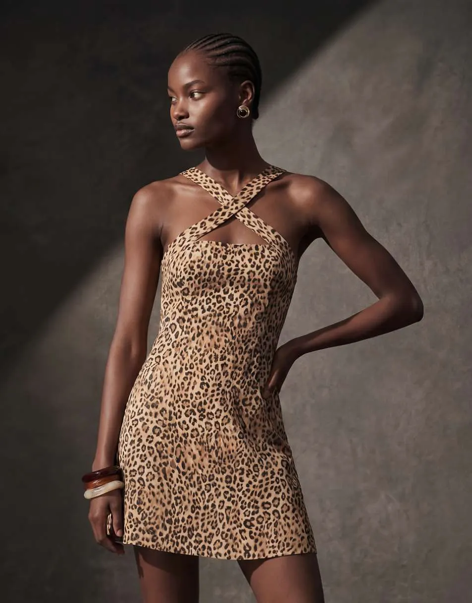 ASOS DESIGN halter seamed mini dress in leopard print