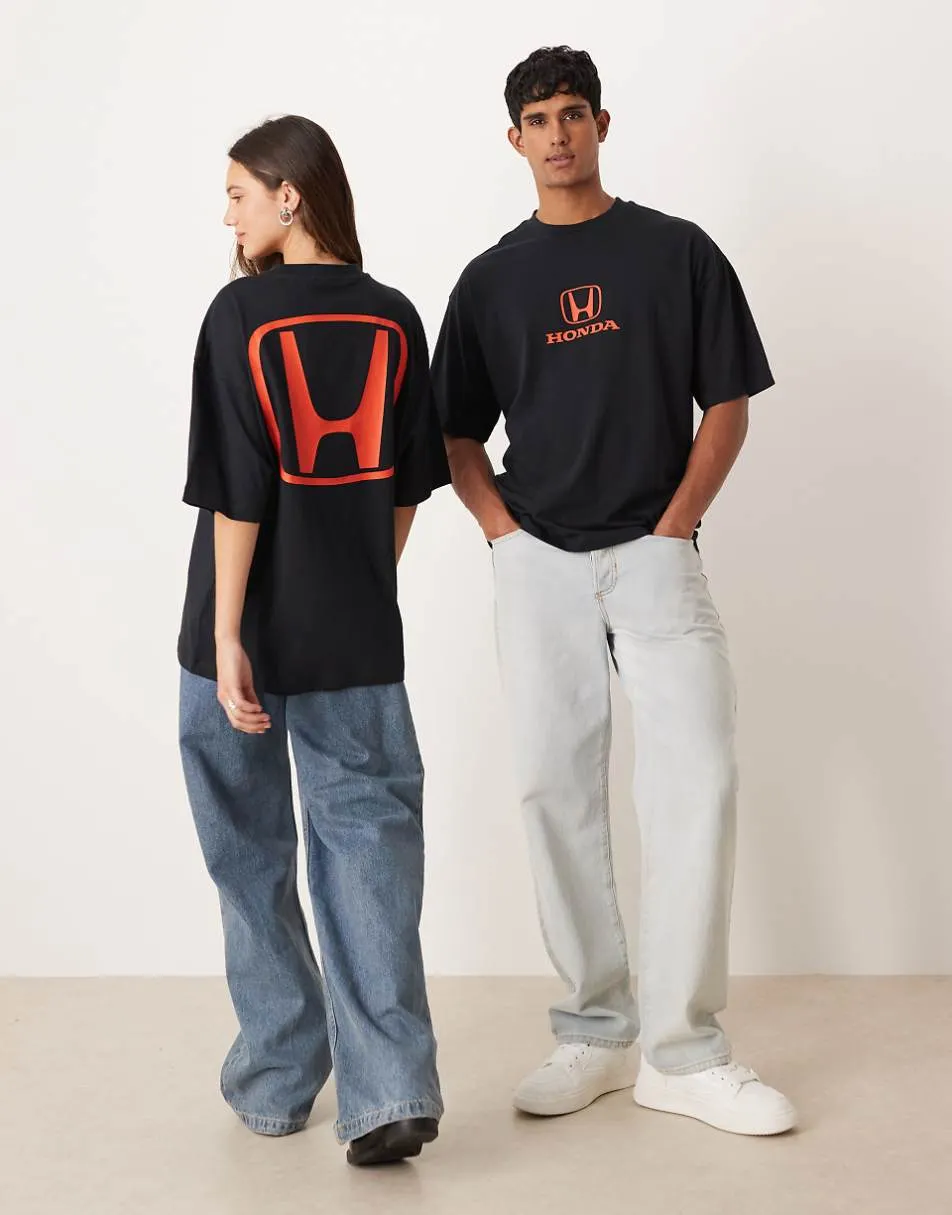 ASOS DESIGN unisex oversized interlock t-shirt with Honda print in black
