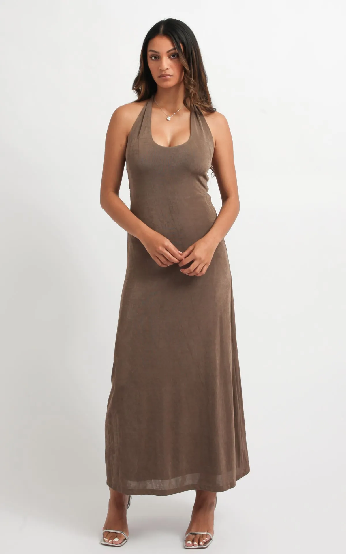 Metallic Knit Twist Halter Maxi