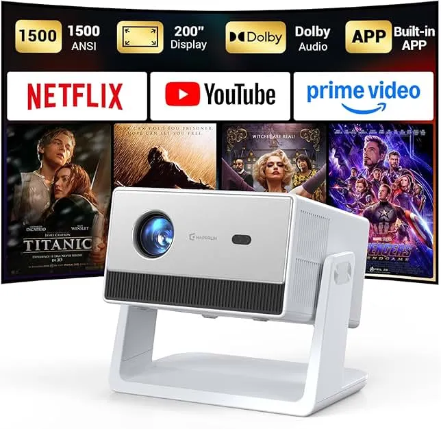 Mini Smart Projector, 1500 ANSI Portable Projector with WiFi and Bluetooth, HAPPRUN 4K Full HD Home Theater with 270° Stand, Dolby Sound, Built-in Apps,Compatible with Phone & PC, Indoor & Outdoor Use