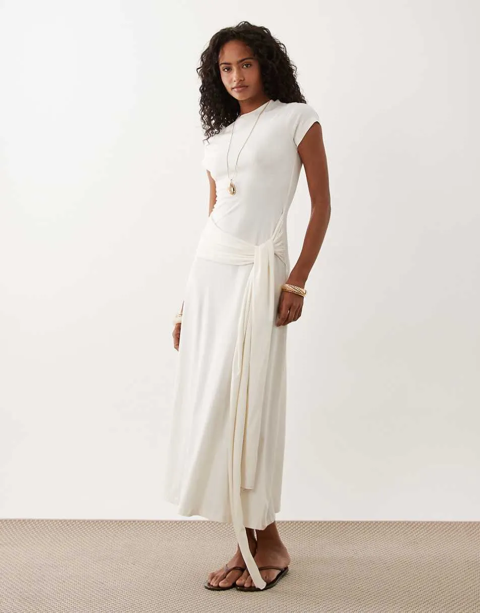 ASOS DESIGN short sleeve midi dress with tie waist in cream