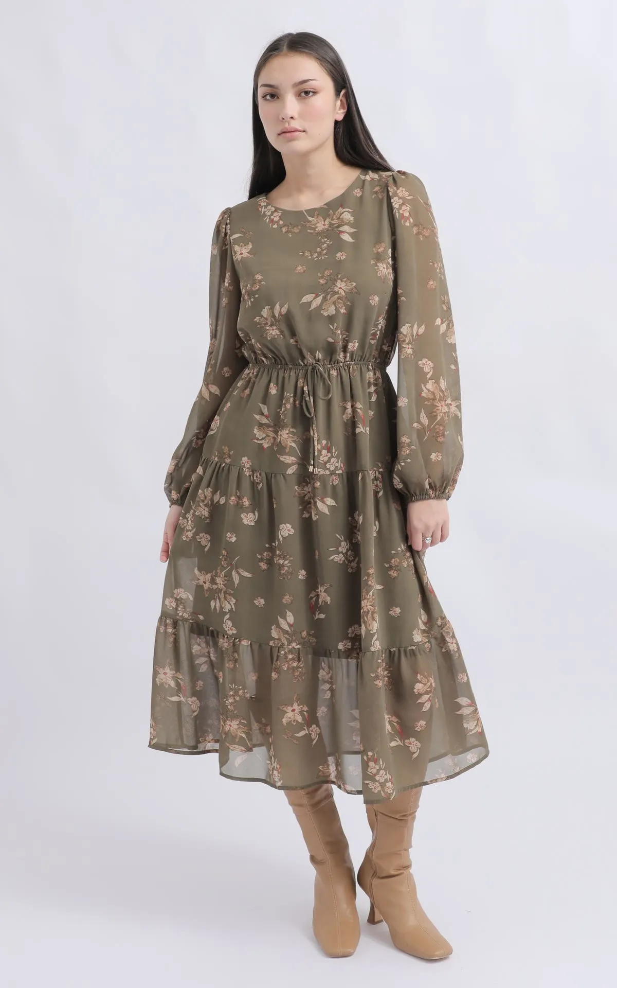 Chiffon LS Tier Midi Dress