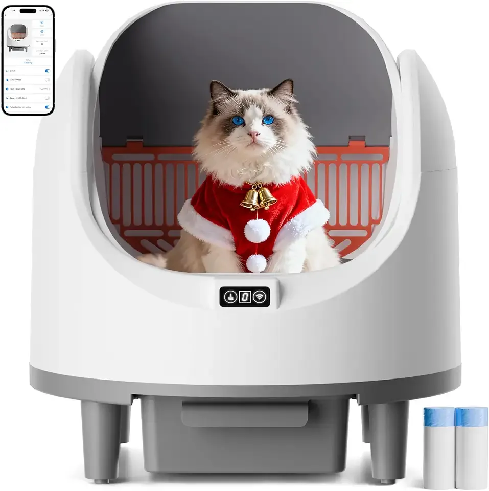 Bashaw Self Cleaning Litter Box, Large Capacity Automatic Litter Box for Multiple Cats, App Control, Safety Sensors, 2 Rolls of Garbage Bags (White)
