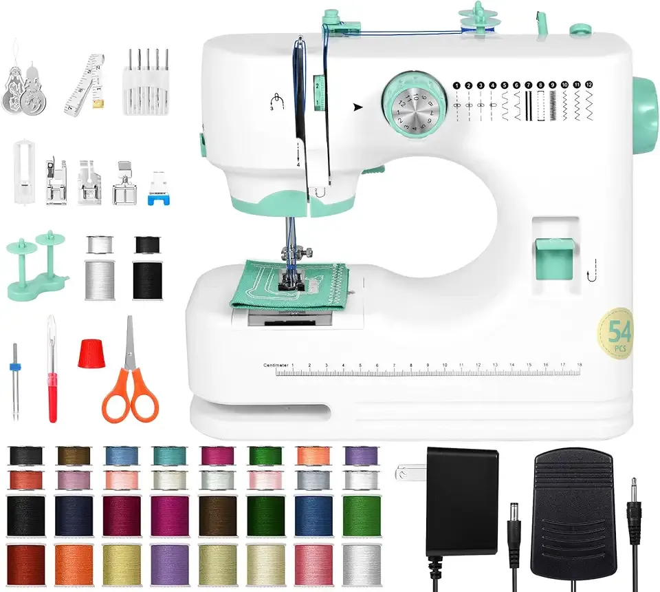 Sewing Machine for Beginners(Premium Edition), Twin Needle, Reverse Stitching, Small Portable Design, 12 Built in Stitches, LED Light, Foot Pedal, 32 Color Thread Kit for Home Mending and Crafts