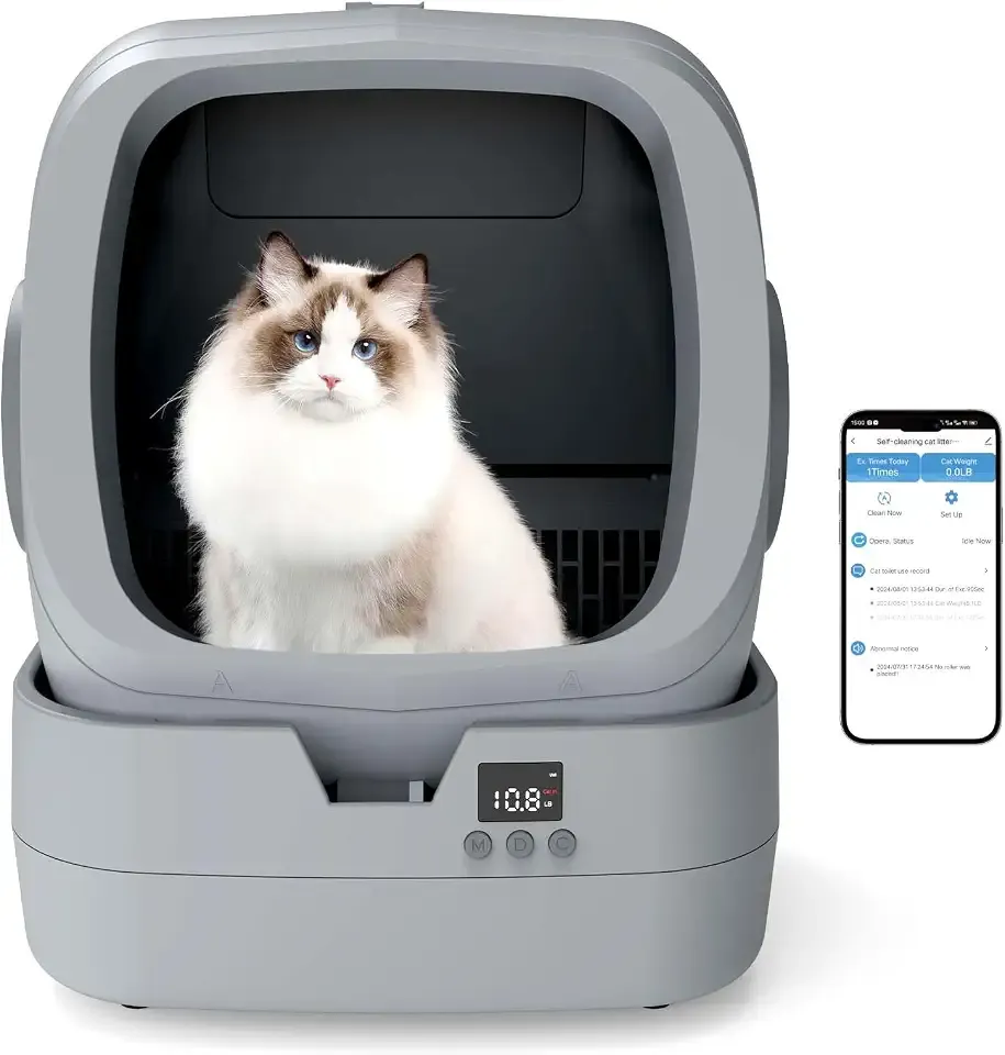 UPFAS Automatic Cat Litter Box Self Cleaning - APP Control - Weight Monitoring - Ultra-Quiet, Medium Cats and Kittens Litter Box, Safe Anti-Pinch【Assembly Required】- Silver Gray