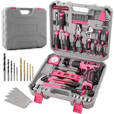 Hi-Spec 133PC Power Tool Sets with 8V Lithium Drill - Pink Home Repair Tools Kit Set & Magnetic Precision Bits 3-Tier Toolbox