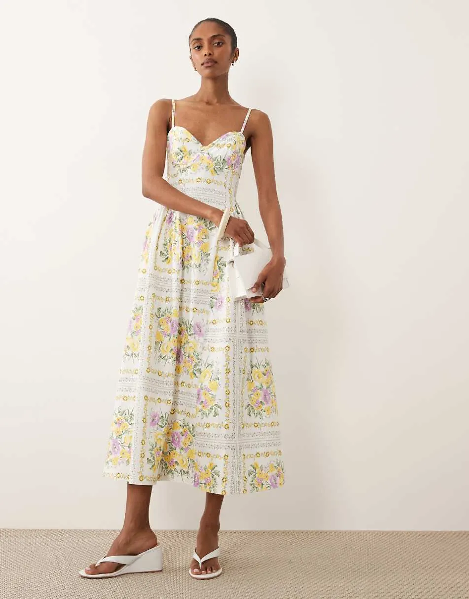 New Look flower print corset midi dress in cream