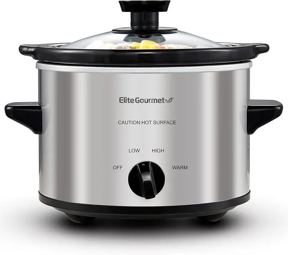 Elite Gourmet MST-250XS Electric Slow Cooker Ceramic Pot, Adjustable Temp, Entrees, Sauces, Stews & Dips, Dishwasher Safe Glass Lid & Crock, 1.5 Quart, Stainless Steel