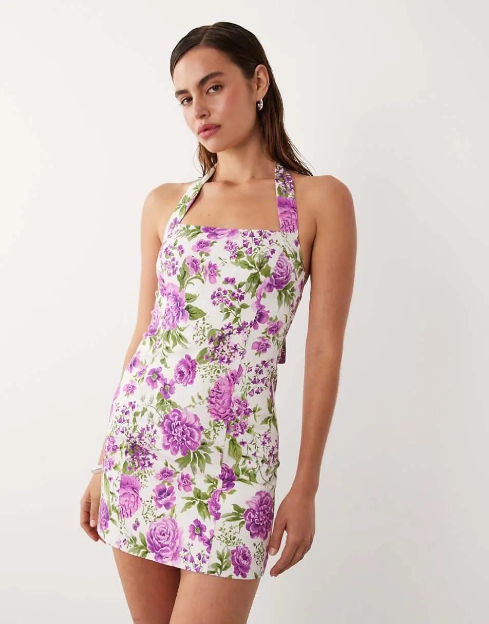 Mango starring Hailey Bieber halterneck mini dress in pink floral print