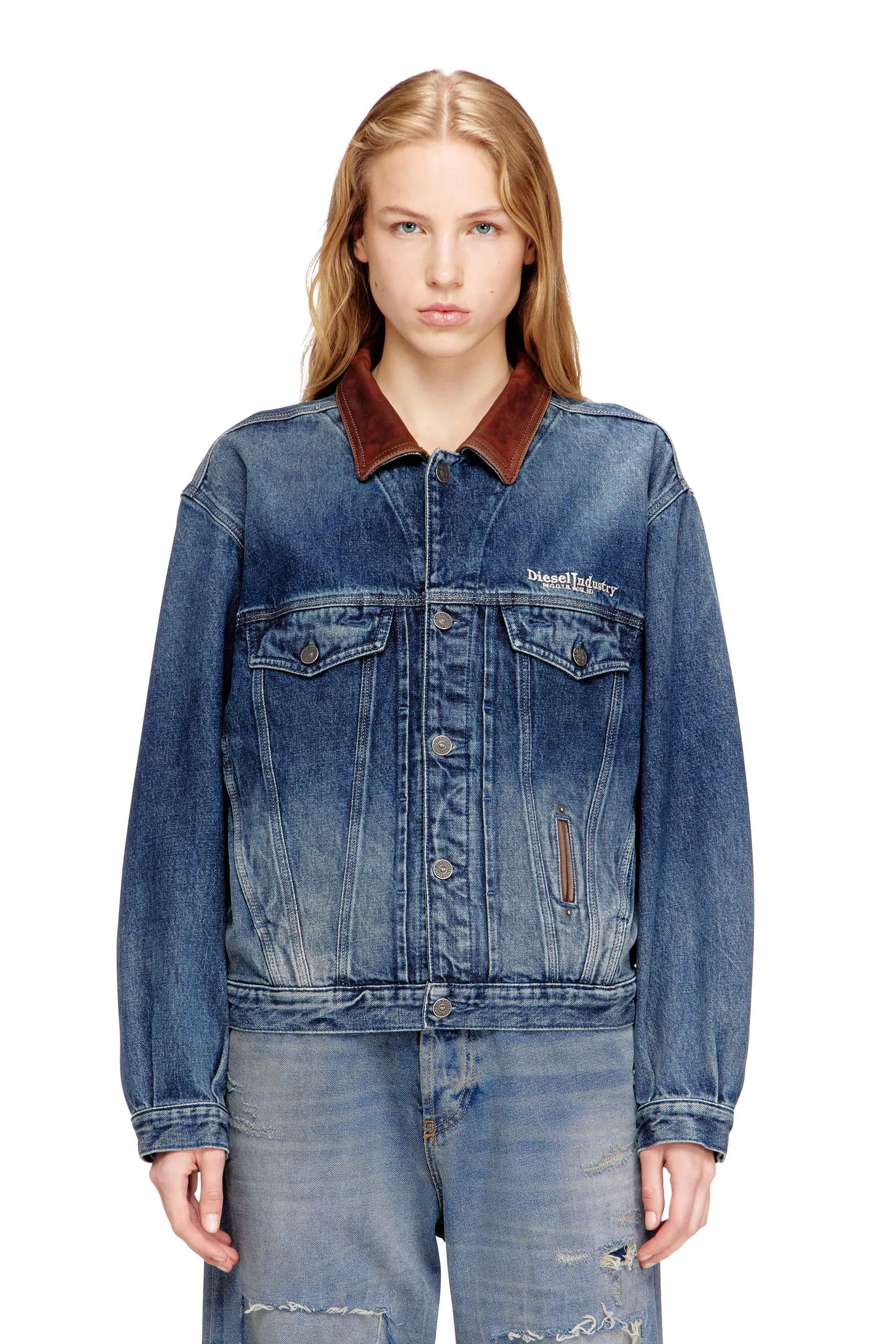 Denim trucker jacket with contrast leather trims