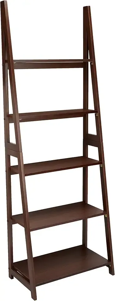 Ladder Bookshelf Organizer, 5-Tier, Solid Rubberwood Frame, Walnut Finish, 14" D x 24.8" W x 70.1" H