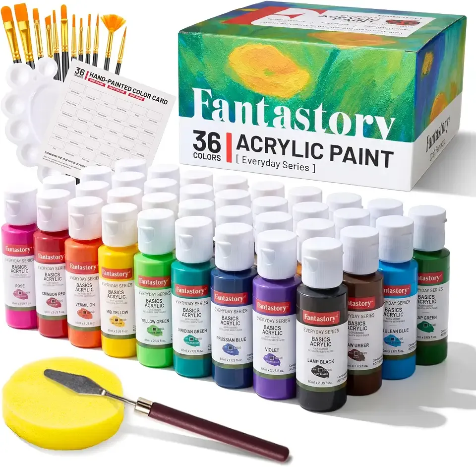 Fantastory 60ml 36 Colors Acrylic Paint Set with 12 Brushes | with 12 Brushes, Chart, Palette, Scraper, Sponge - 3 Metallic, Non-Toxic, Waterproof for Wood, Rock, Canvas, Clay, DIY, 3D