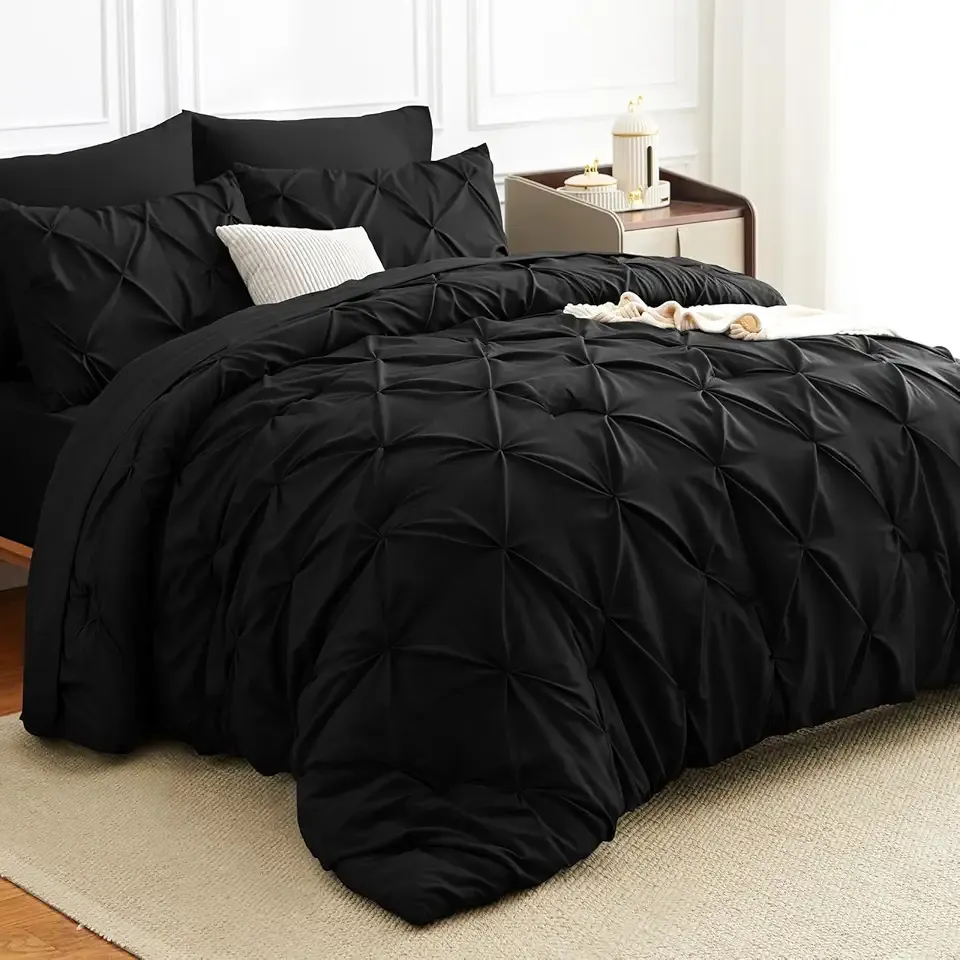 Queen Comforter Set 7 Pieces Bed in A Bag Black Luxury Soft Queen Size Bed Set Pintuck Pinch Pleat Bedding Sets with Comforter, Flat Sheet, Fitted Sheet and Pillowcases & Shams