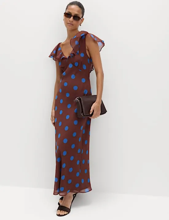 Midi-Säulenkleid mit V-Ausschnitt, Rüschenärmeln und Polkadot-Print