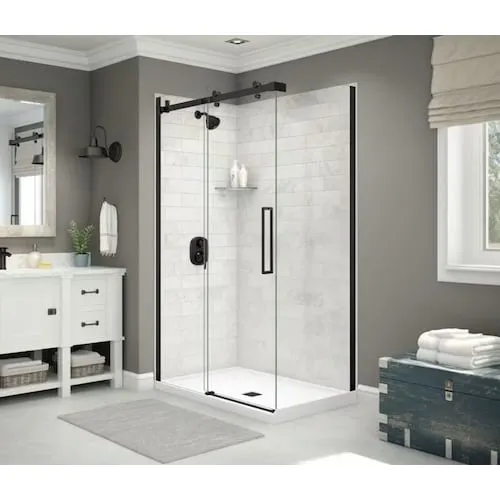 Utile 48L x 32W x 84H in. 3-in-1 Corner Shower Kit - Shower Stall Enclosure with Centre Drain Base, Wall, and Glass Shower Door in Black