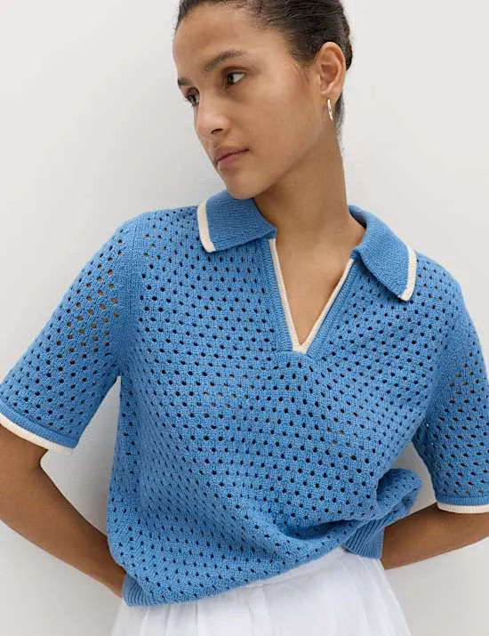 Bauchfreies, strukturiertes Stricktop mit hohem Baumwollanteil