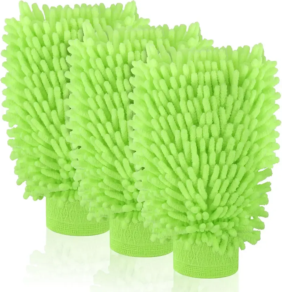 3 Pack Chenille Microfiber Car Wash Mitt, 7" x 9.6", Green | Car Washing Mitts, Home Dusting Gloves, Scratch Free Lint-Free, Highly Absorbent, Double Sided, for Cleaning Detailing Polish