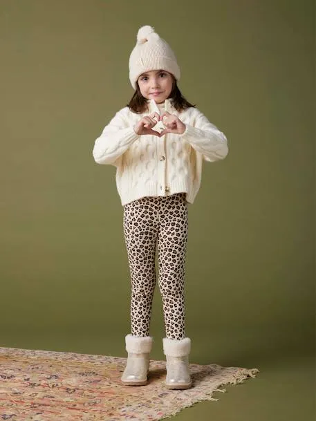 Legging fille doublé maille polaire - marron imprimé