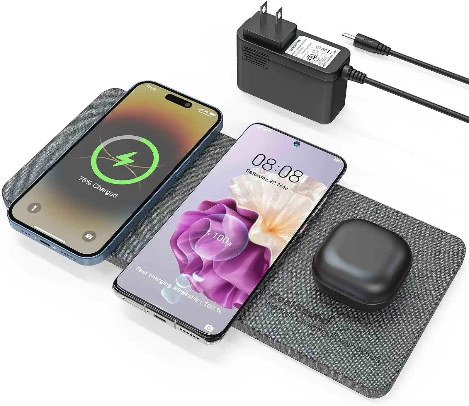 ZealSound Wireless Charging Pad, 3 in 1 Charger Mat for iPhone, Samsung Galaxy, Pixel, AirPods & Galaxy Buds, 24W Adapter Included, Ultra Slim, Case Friendly, PU Leather, Home Office & Travel, Gray