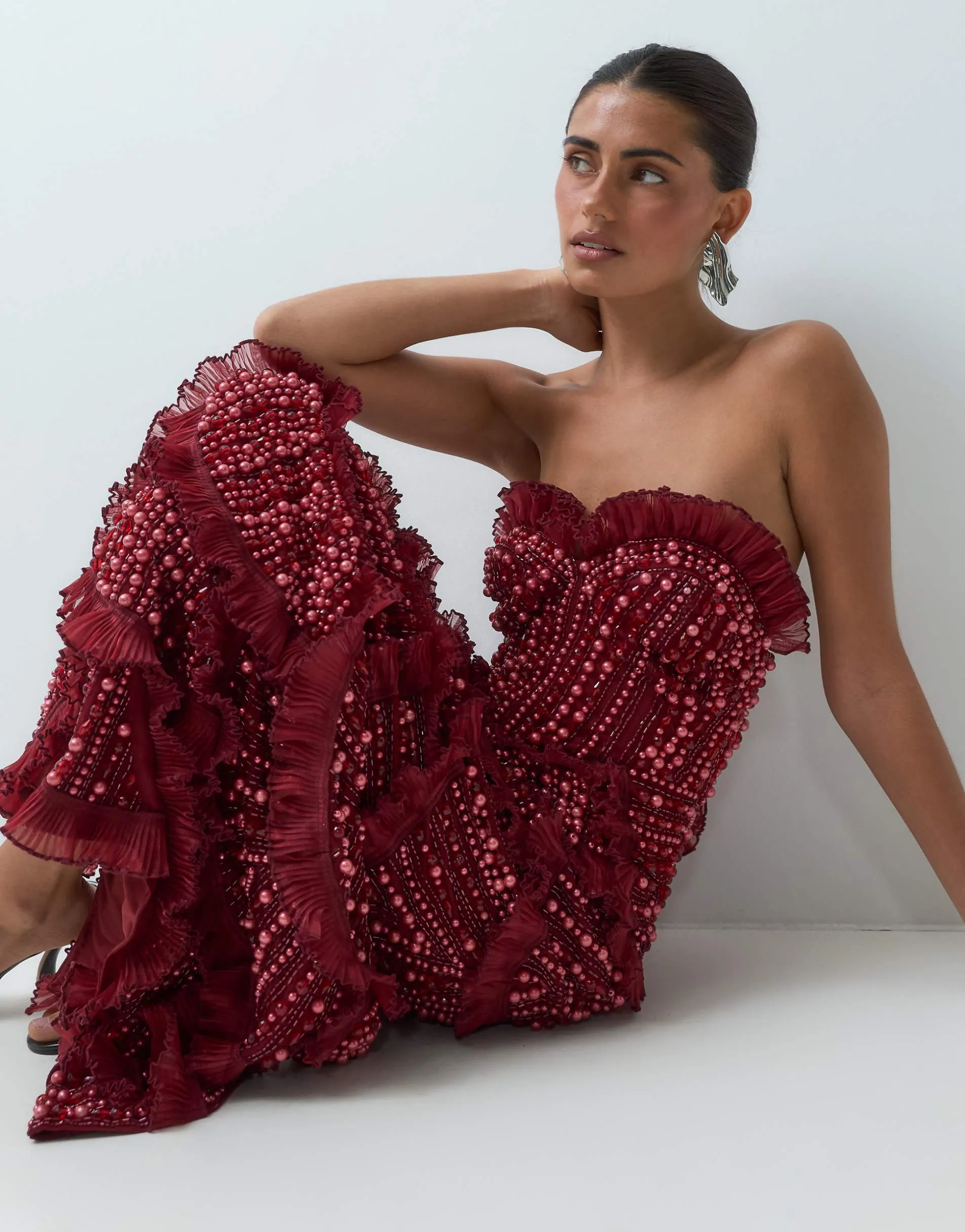 ASOS LUXE gem embellished off shoulder maxi dress with scallop hem in burgundy