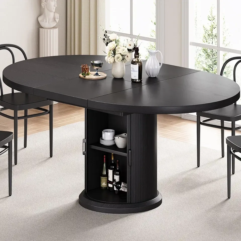 47″–63″ Extendable Round Dining Table for 4–8 with Dust-Proof 2-Tier Storage Shelf Space Saving Expandable Wood Oval Circle Dinner Furniture with Pedestal Base (Black)