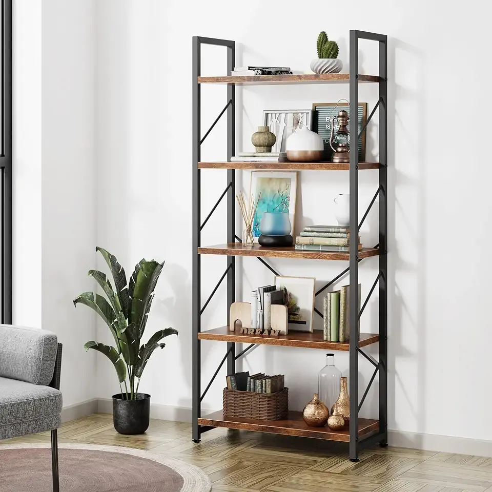 5 Tiers Bookshelf, Classically Tall Bookcase Shelf, Industrial Book Rack, Modern Book Holder in Bedroom/Living Room/Home/Office, Storage Rack Shelves for Books/Movies-Rustic Brown