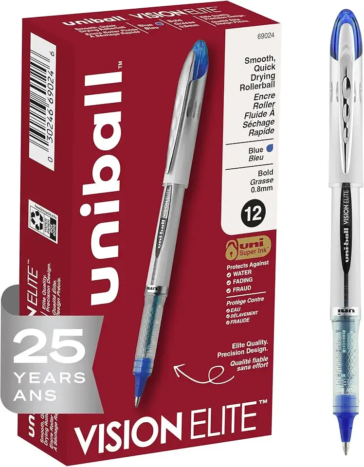 uniball Vision Elite Rollerball Pens, Bold Point (0.8mm), Blue, 12 Pack