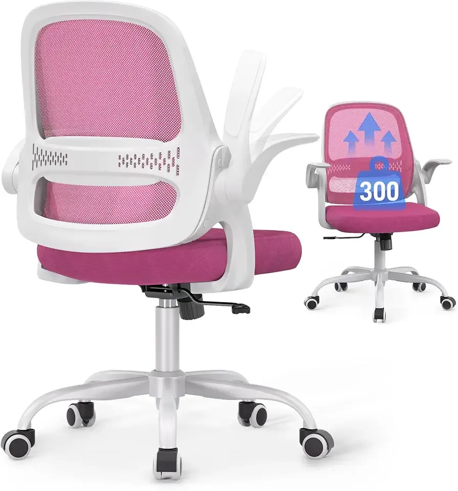 Ergonomic Mesh Office Chair for Home Office, Flip-Up Arms, Breathable Mesh Back & Thick Seat Cushion, Swivel Rolling Computer Desk Chair – BIFMA Certified, Supports 300 lbs (White Frame/Pink Seat)