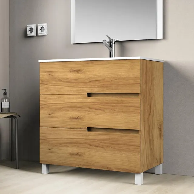 Mueble de baño con lavabo Alda Teca natural 80x45 cm con 3 cajones
