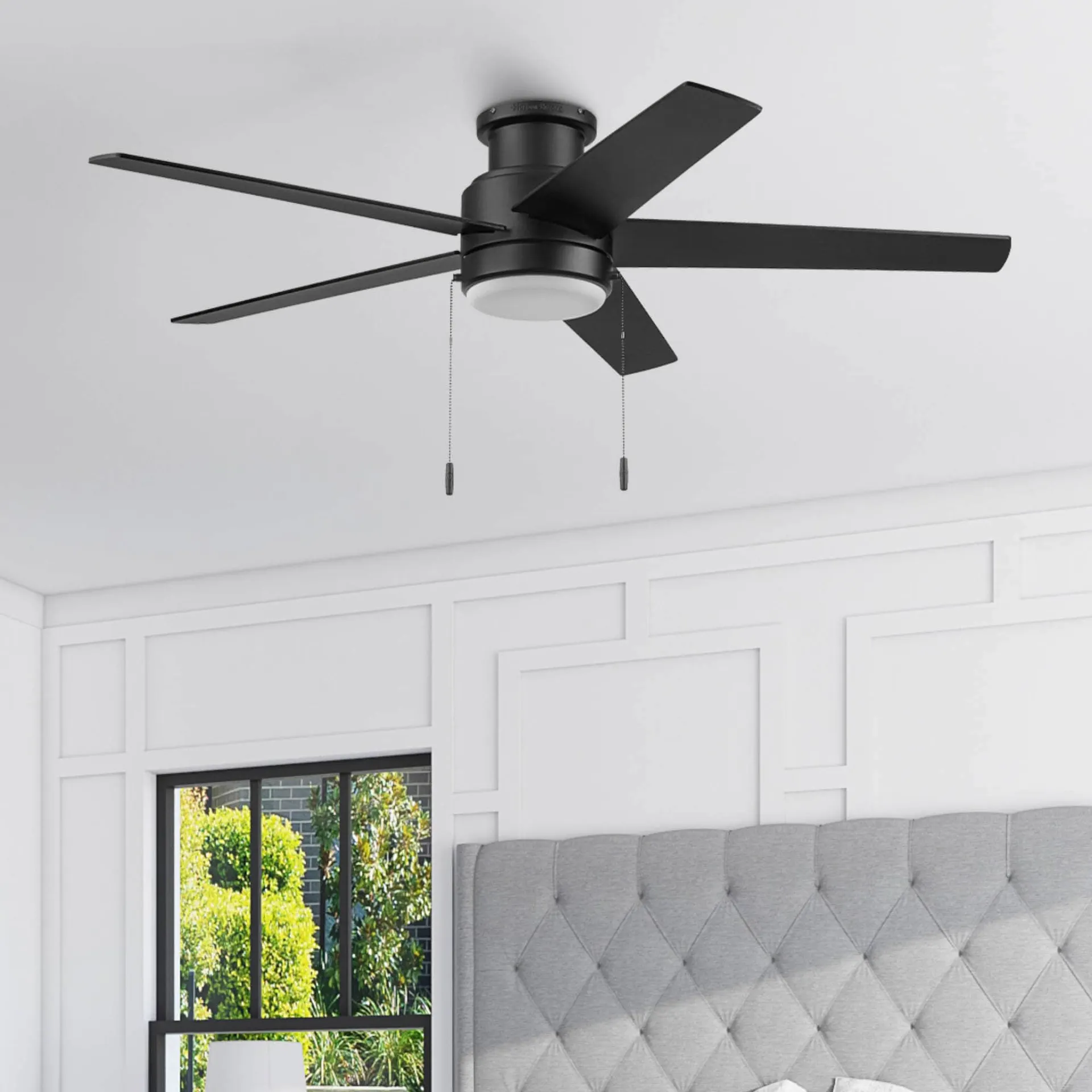 Harbor Breeze Fairbanks Easy2Hang 52-in Matte Black with Black/Sable Blades Adjustable White LED Covered Outdoor Flush Mount Ceiling Fan With Light and Pull Chain Included 5 -Blade