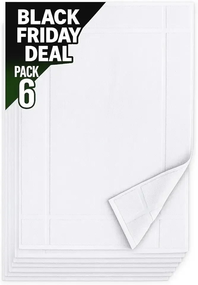 Pearl Linens Pack of 6 100% Cotton Bath Mat 20X30 inches, Soft & Absorbent Quick Dry Bathroom Mat Set, Not Bathroom Rugs, After Shower Mat, Bath Tub Mat, 687 GSM, Machine Washable, White