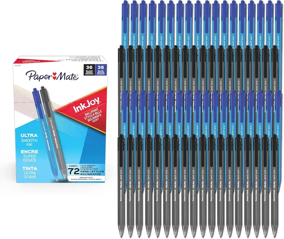 Paper Mate InkJoy 100RT Ballpoint Pens, Medium Point (1.0mm), Black & Blue Ink, 72 Count - Bulk Pack for School, Home, Office, College, Note-Taking