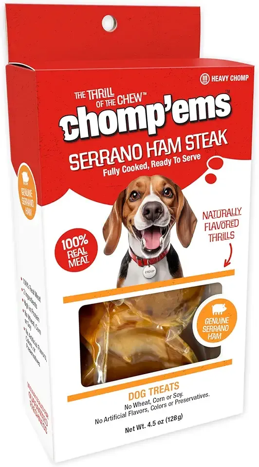 Ruffin' It Chomp'ems Serrano Ham Steak, 1 Pack - Healthy, Protein Rich Treats for Dogs - Long Lasting Dog Chews