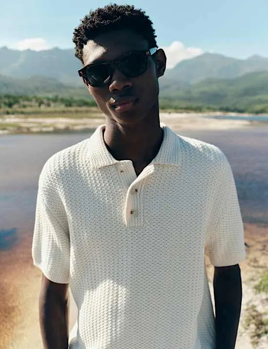Pure Cotton Textured Knitted Polo Shirt