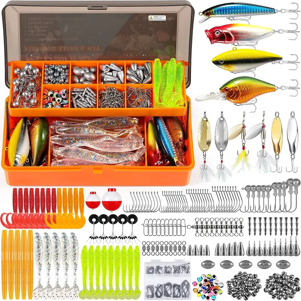 PLUSINNO Fishing Lures Tackle Box - Compact Fishing Gear for Bass Trout | Tackle Included, All-in-One Kit, Fishing Essential Gift for Men Beginner Starters, 12 Rigs, for Freshwater Topwater Lake