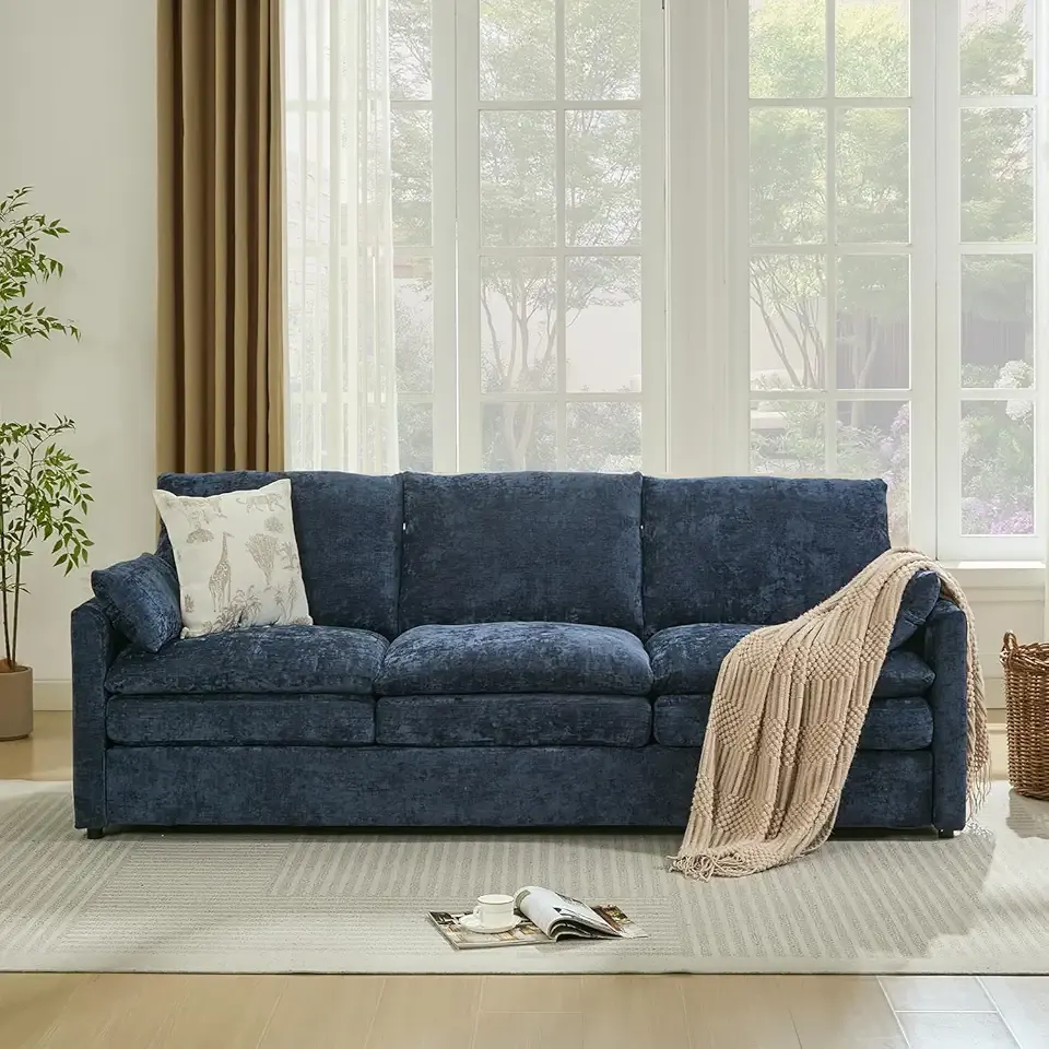 Tbfit 89" Cloud Modern Sofa, Comfy 3-Seater Couch w/Pillows, Pocketed Spring Seats, Plush Foam Cushions, Chenille Fabric Removable Cover, Soft Upholstered Living Room Furniture Home Apartment, Blue